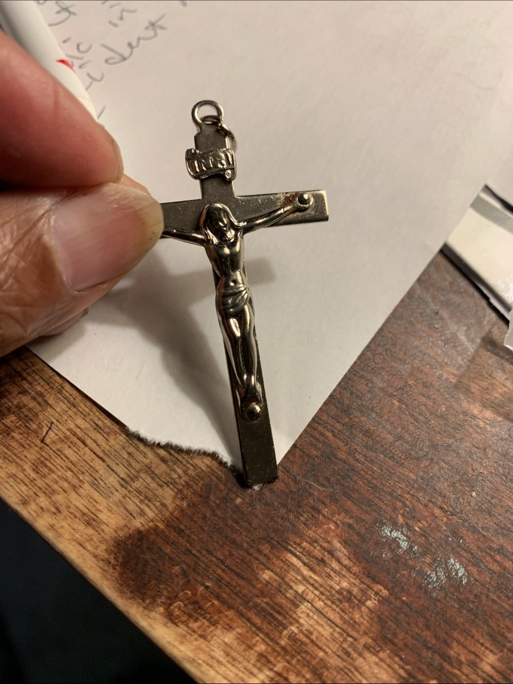 Vintage Silver-Tone Cross Crucifix Pendent in Case Of Accident Contact A Priest